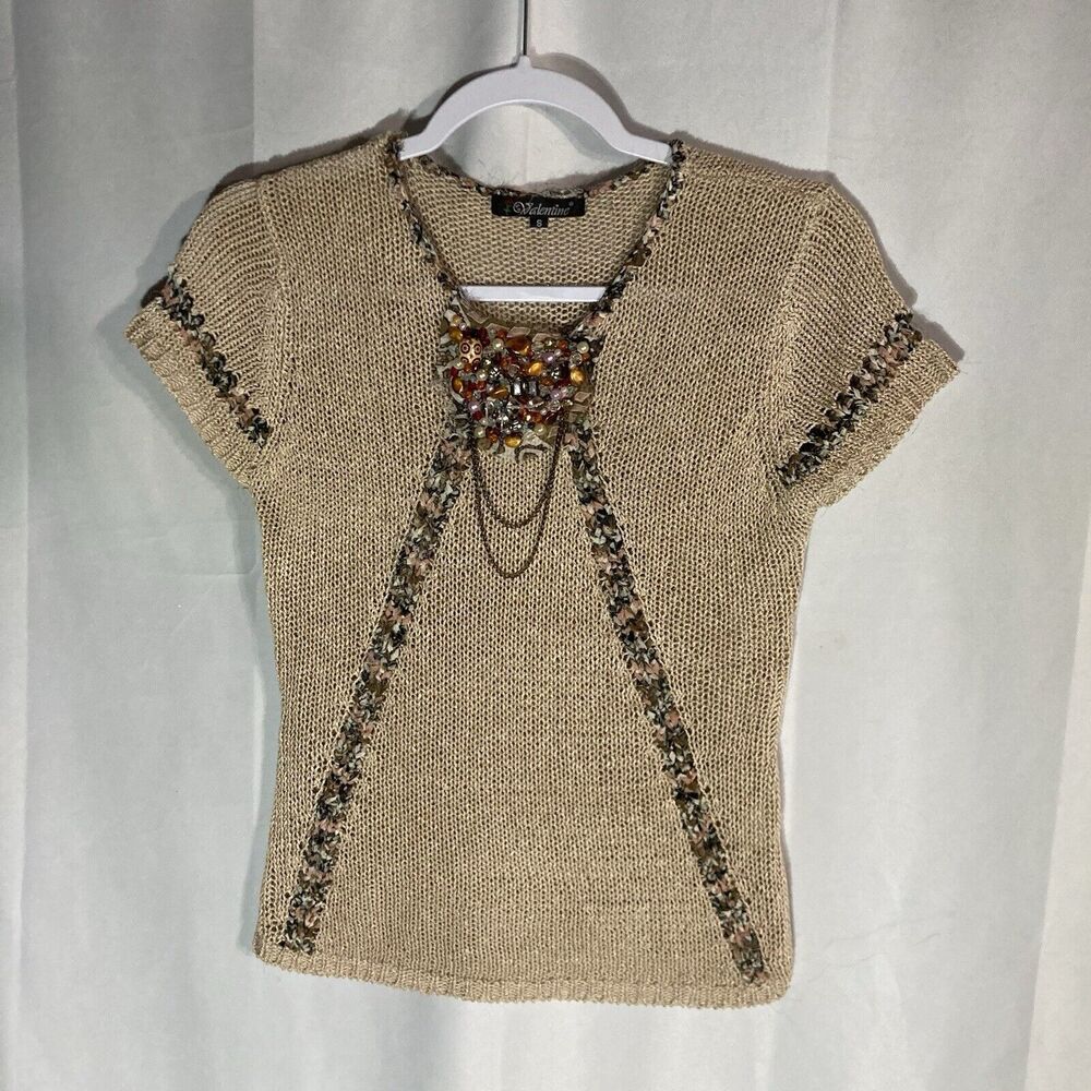 VALENTINE tan brown beaded cap sleeve acrylic nylon sweater top S